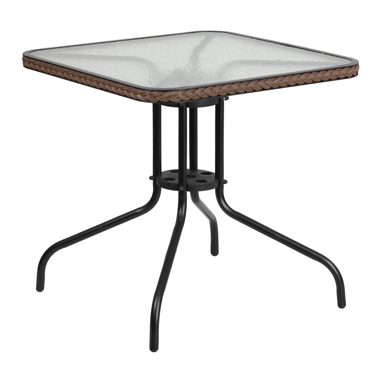 Barker 28'' Square Tempered Glass Metal Table with Dark Brown Rattan Edging Clear Top/Dark Brown Frame