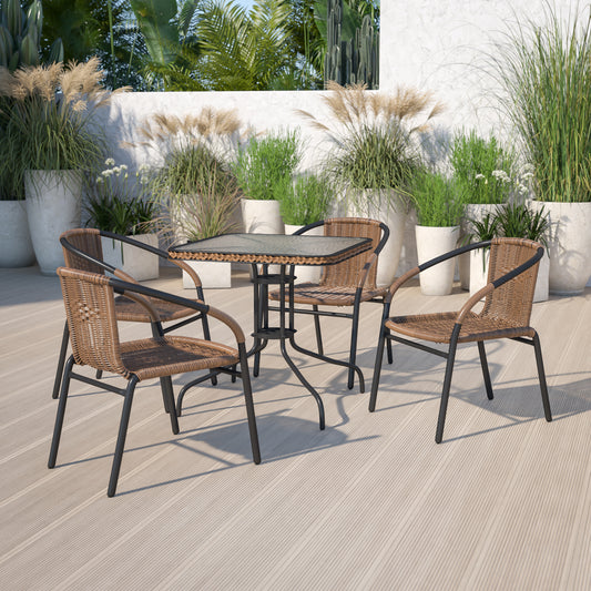 Barker 28'' Square Tempered Glass Metal Table with Dark Brown Rattan Edging Clear Top/Dark Brown Frame TLH-073R-DK-BN-GG