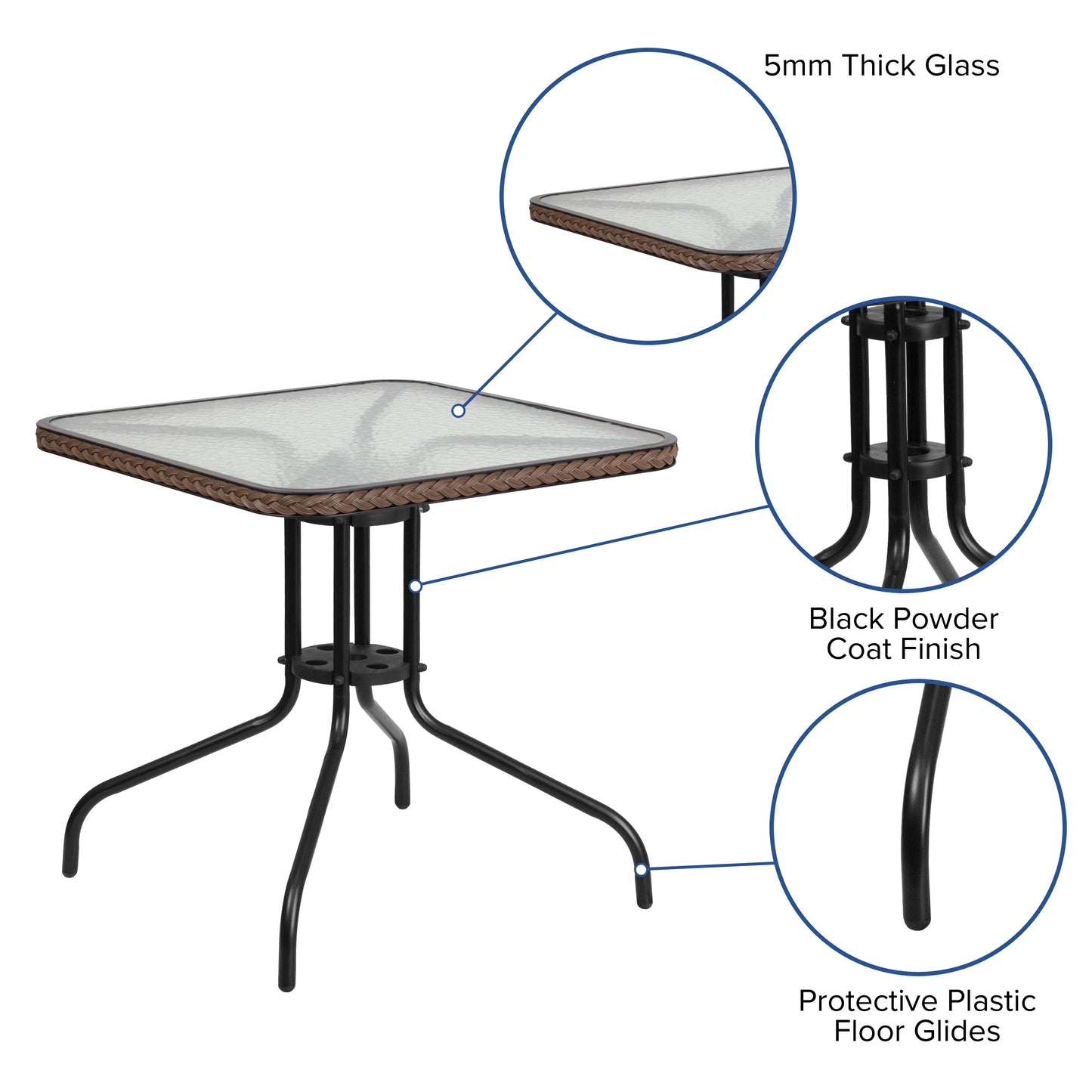 Barker 28'' Square Tempered Glass Metal Table with Dark Brown Rattan Edging Clear Top/Dark Brown Frame
