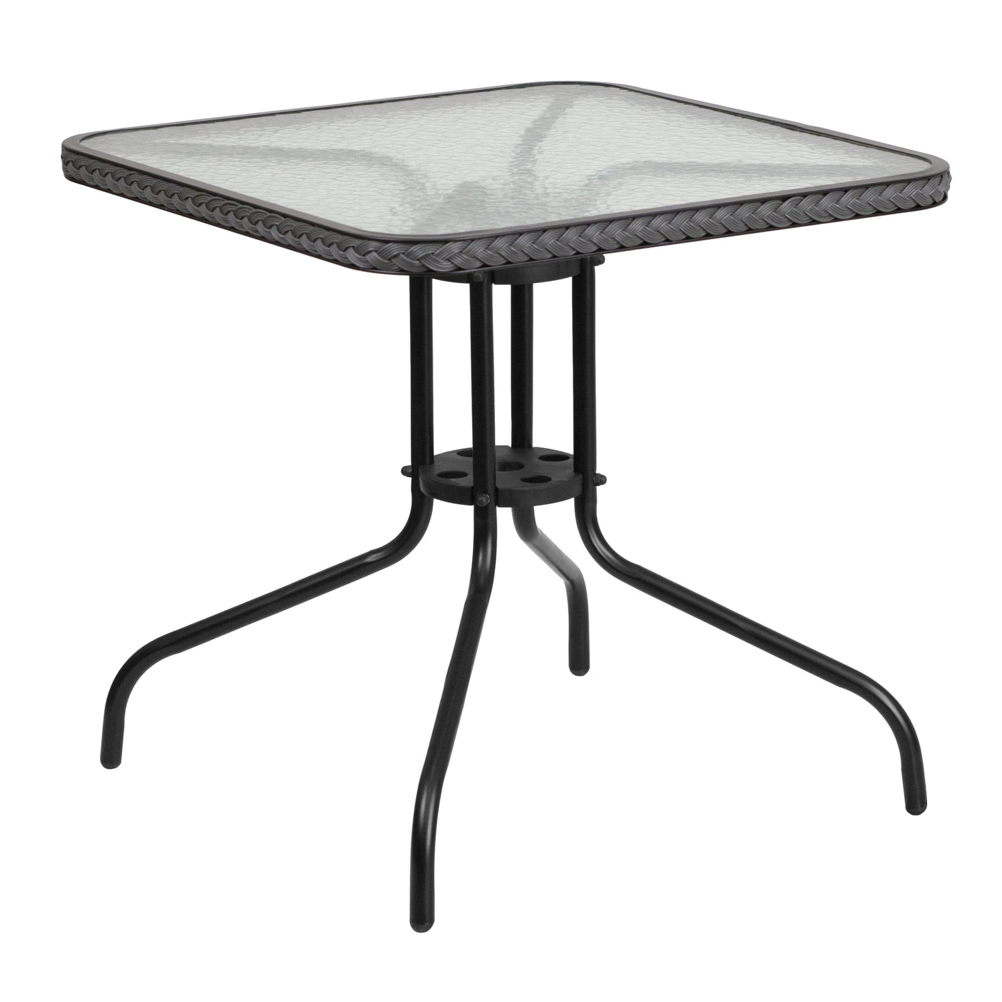 Barker 28'' Square Tempered Glass Metal Table with Gray Rattan Edging Clear Top/Gray Frame