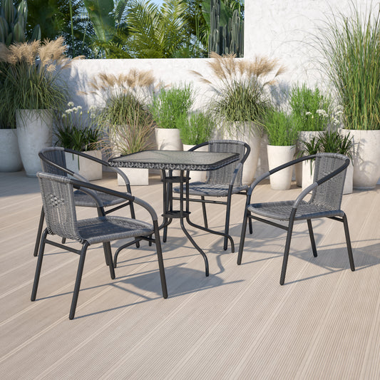 Barker 28'' Square Tempered Glass Metal Table with Gray Rattan Edging Clear Top/Gray Frame TLH-073R-GY-GG