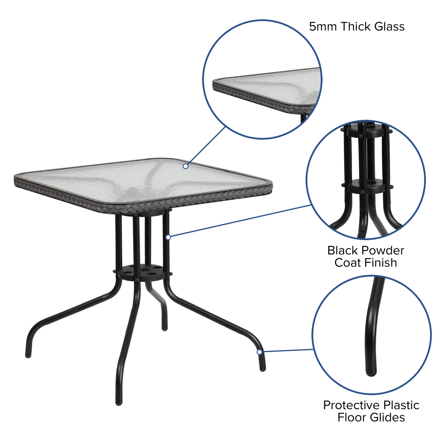 Barker 28'' Square Tempered Glass Metal Table with Gray Rattan Edging Clear Top/Gray Frame