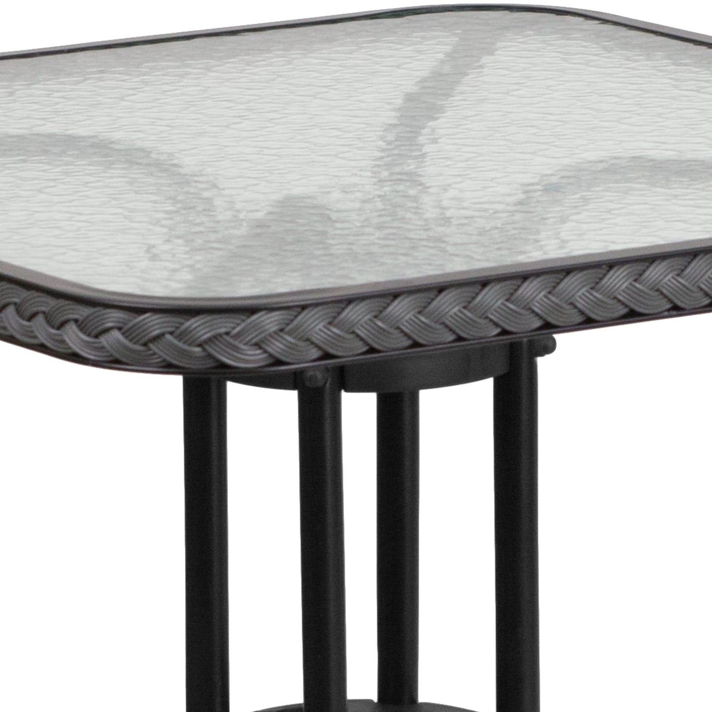 Barker 28'' Square Tempered Glass Metal Table with Gray Rattan Edging Clear Top/Gray Frame
