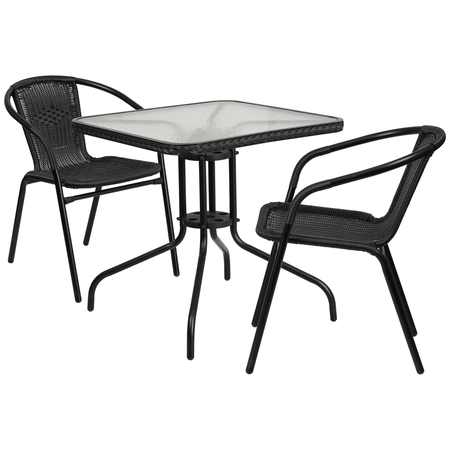 Lila 28'' Square Glass Metal Table with Black Rattan Edging and 2 Black Rattan Stack Chairs Black