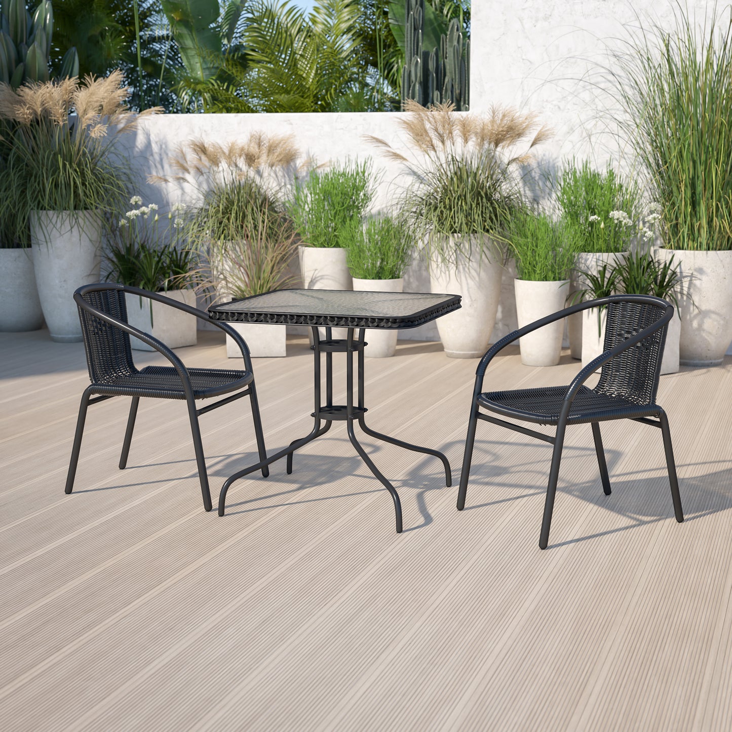 Lila 28'' Square Glass Metal Table with Black Rattan Edging and 2 Black Rattan Stack Chairs Black