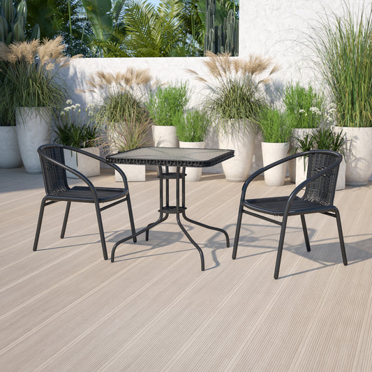 Lila 28'' Square Glass Metal Table with Black Rattan Edging and 2 Black Rattan Stack Chairs Black