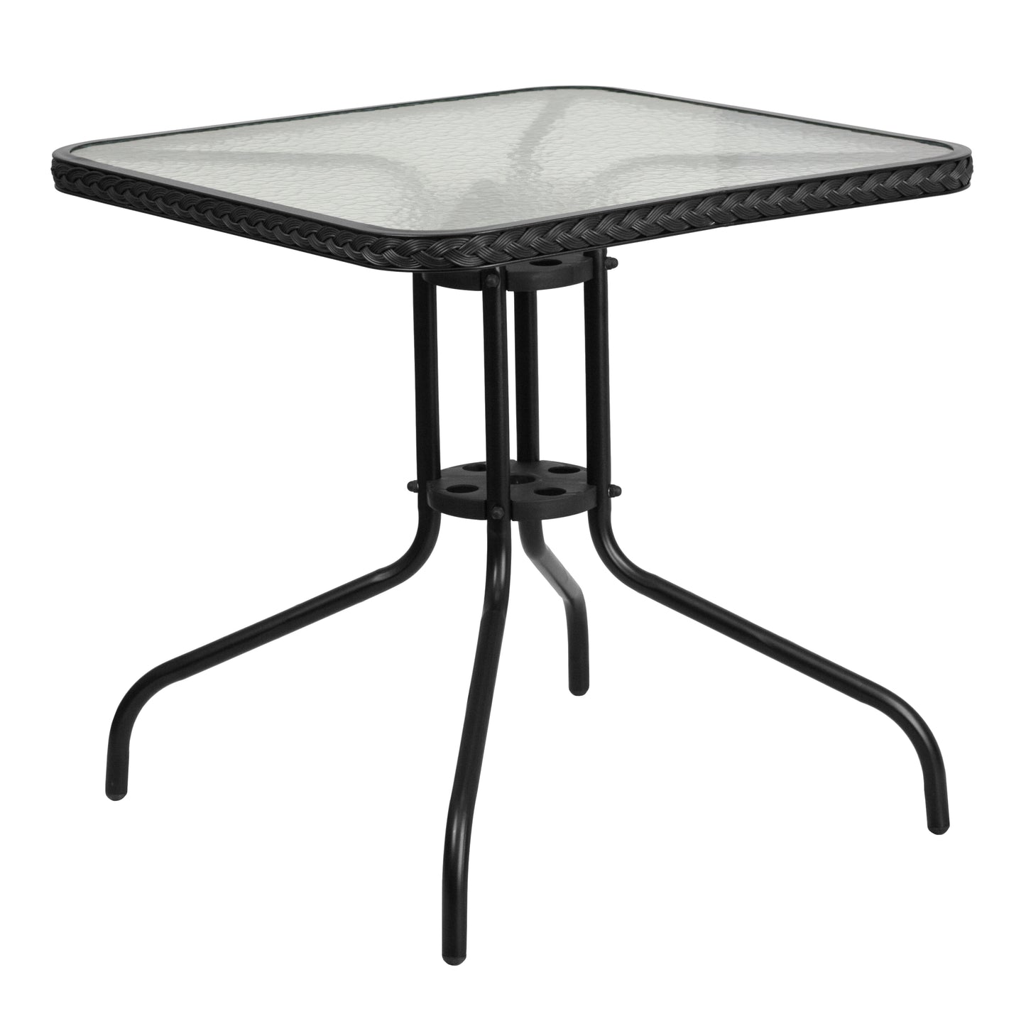 Lila 28'' Square Glass Metal Table with Black Rattan Edging and 2 Black Rattan Stack Chairs Black