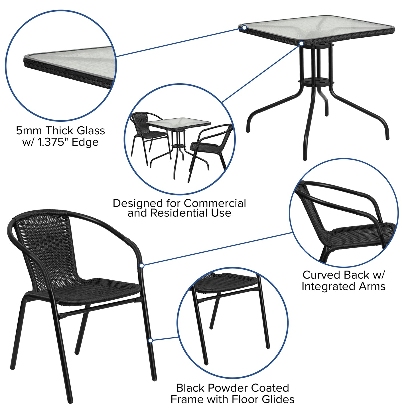 Lila 28'' Square Glass Metal Table with Black Rattan Edging and 2 Black Rattan Stack Chairs Black