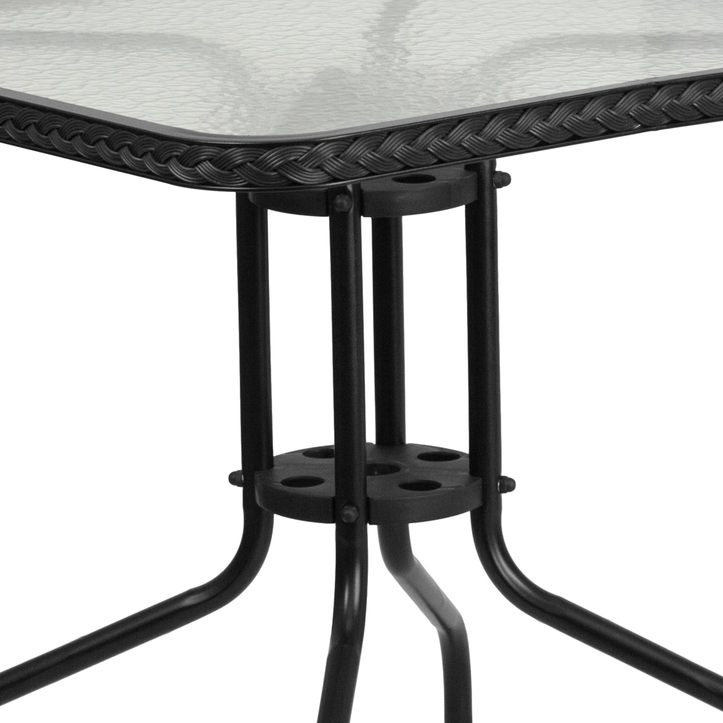 Lila 28'' Square Glass Metal Table with Black Rattan Edging and 2 Black Rattan Stack Chairs Black