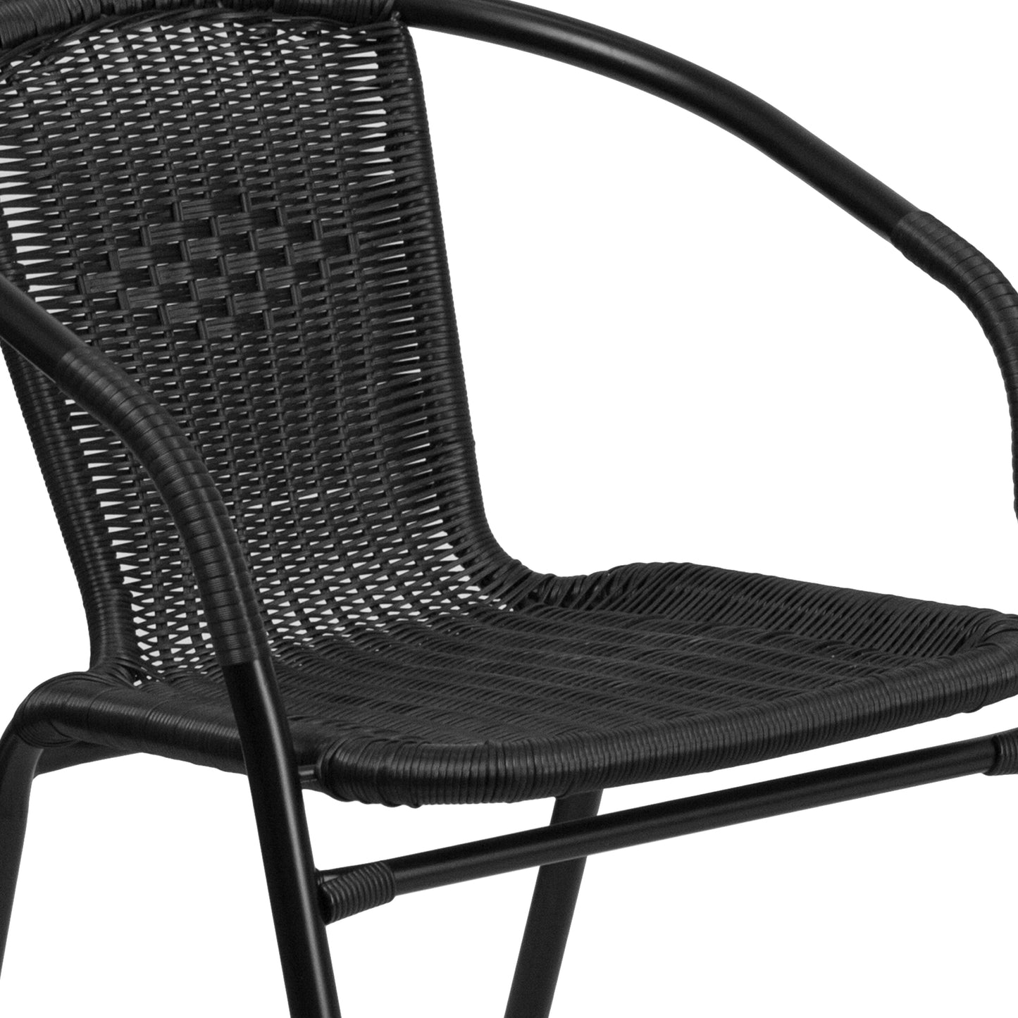 Lila 28'' Square Glass Metal Table with Black Rattan Edging and 2 Black Rattan Stack Chairs Black