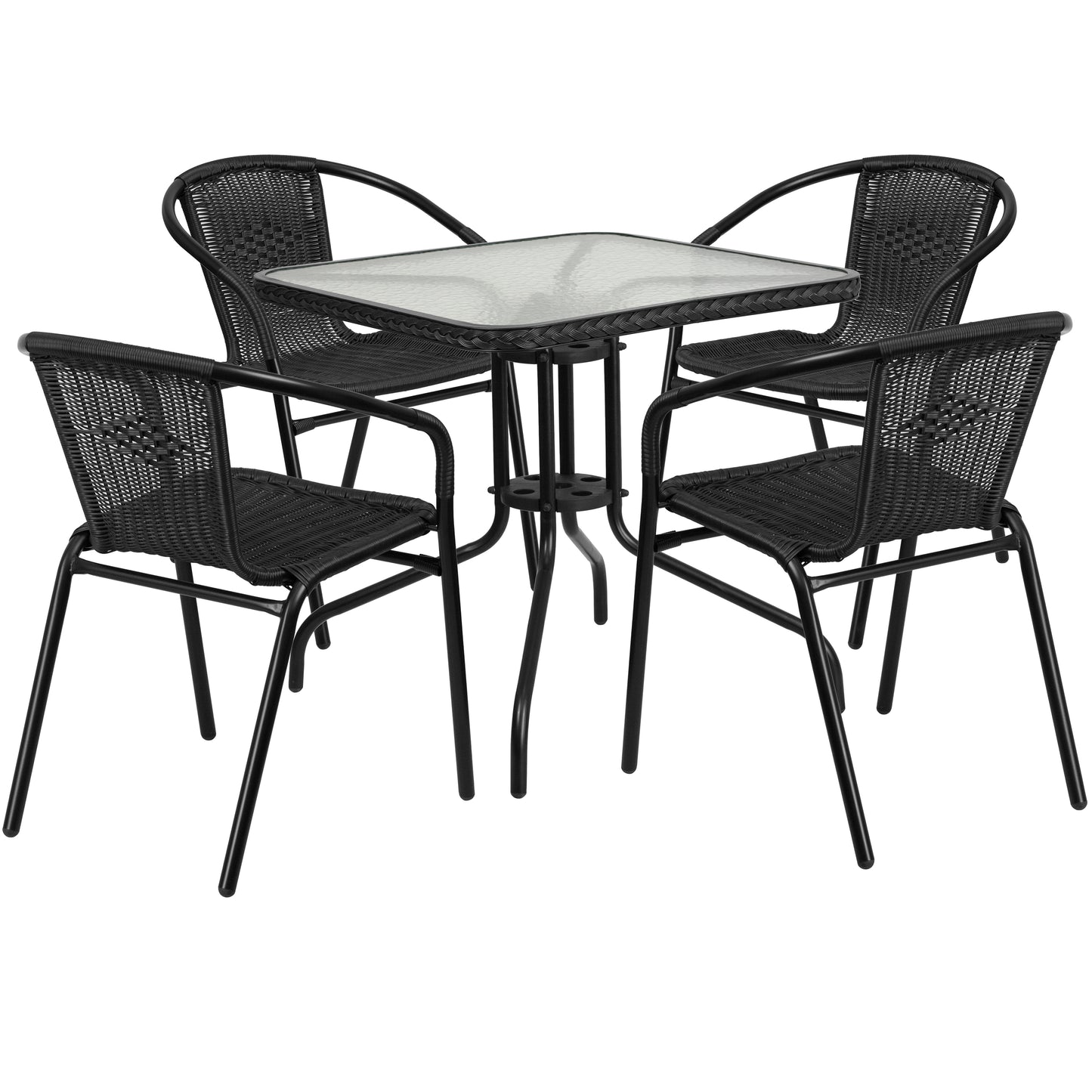Lila 28'' Square Glass Metal Table with Black Rattan Edging and 4 Black Rattan Stack Chairs Black