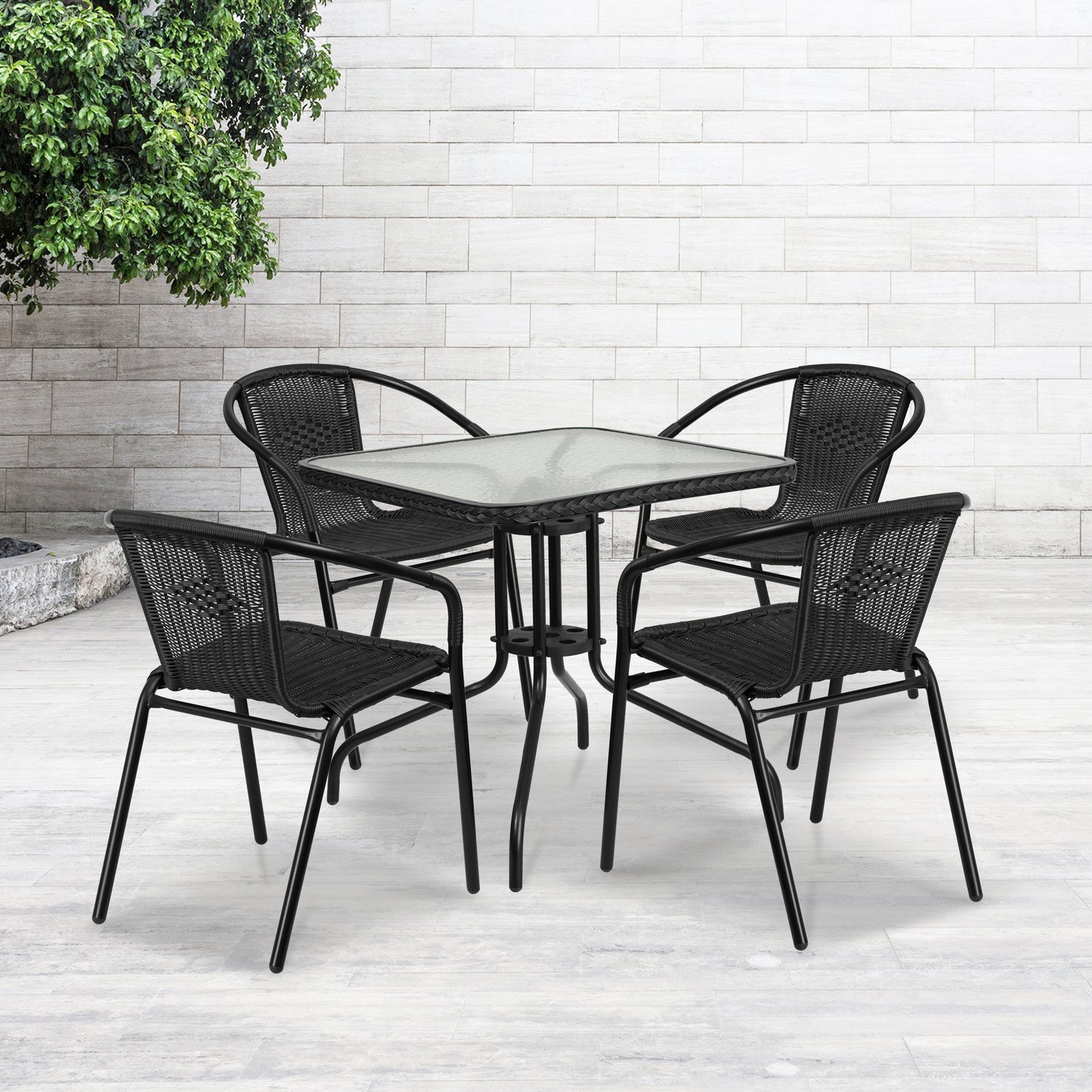 Lila 28'' Square Glass Metal Table with Black Rattan Edging and 4 Black Rattan Stack Chairs Black