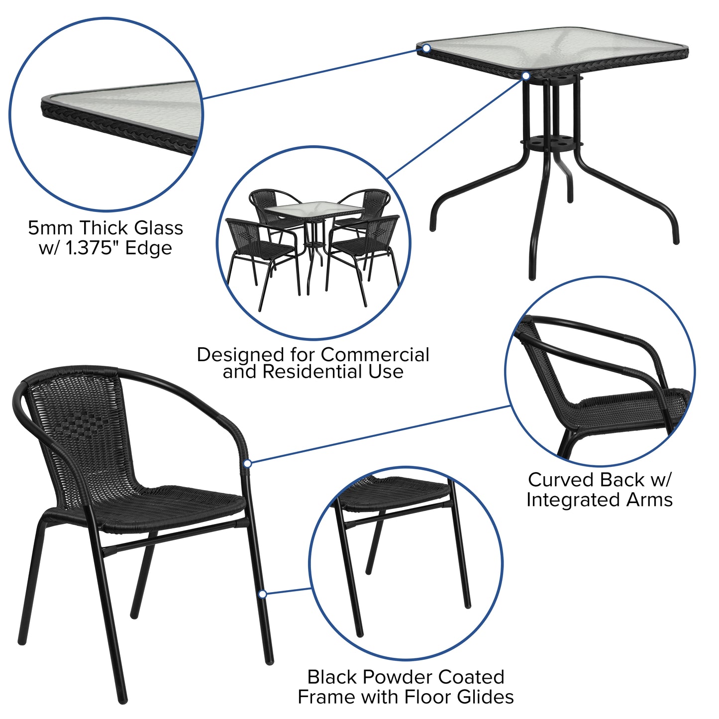 Lila 28'' Square Glass Metal Table with Black Rattan Edging and 4 Black Rattan Stack Chairs Black