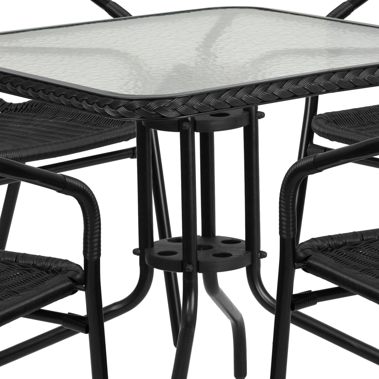 Lila 28'' Square Glass Metal Table with Black Rattan Edging and 4 Black Rattan Stack Chairs Black