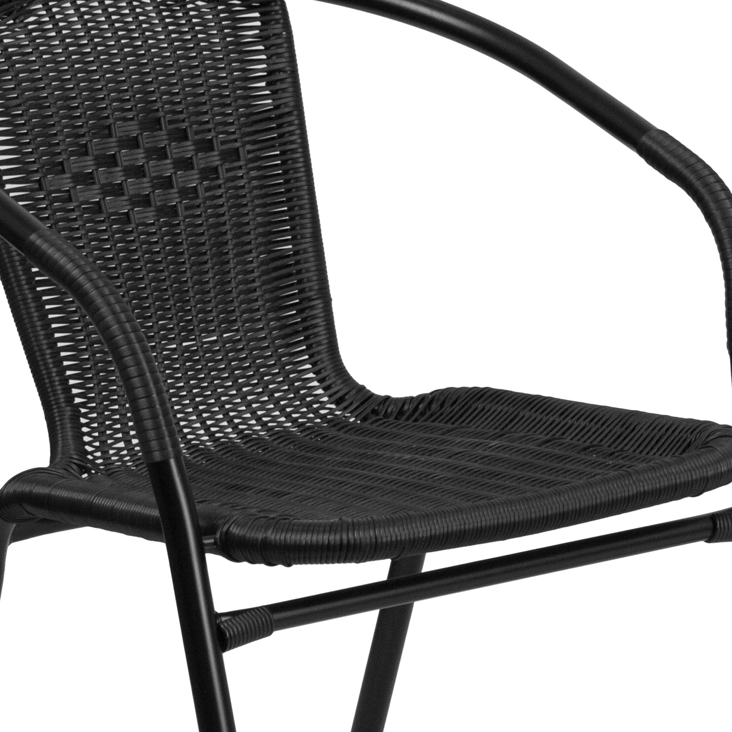 Lila 28'' Square Glass Metal Table with Black Rattan Edging and 4 Black Rattan Stack Chairs Black
