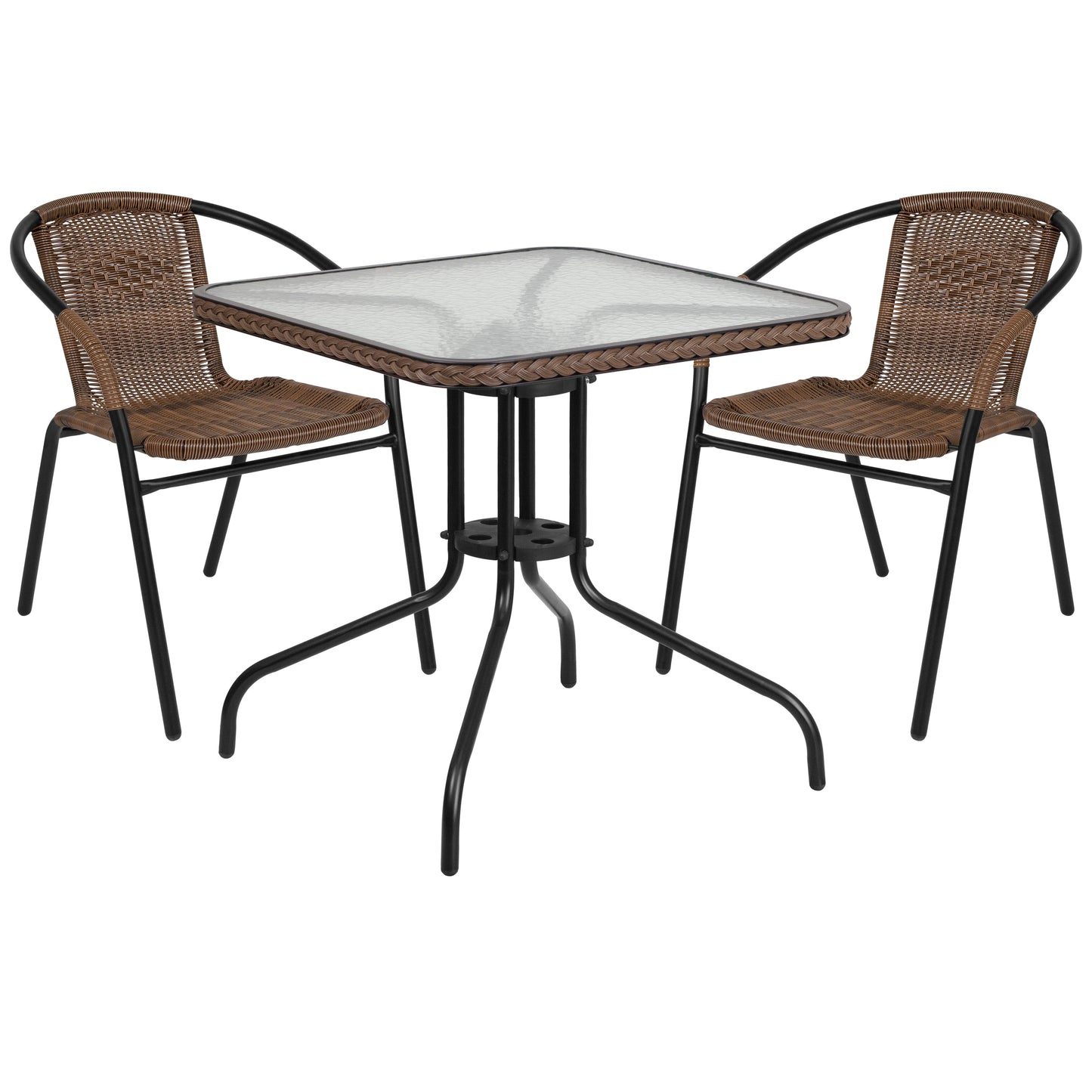 Lila 28'' Square Glass Metal Table with Dark Brown Rattan Edging and 2 Dark Brown Rattan Stack Chairs Dark Brown