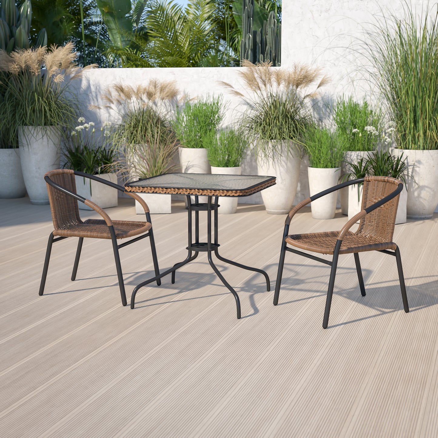 Lila 28'' Square Glass Metal Table with Dark Brown Rattan Edging and 2 Dark Brown Rattan Stack Chairs Dark Brown