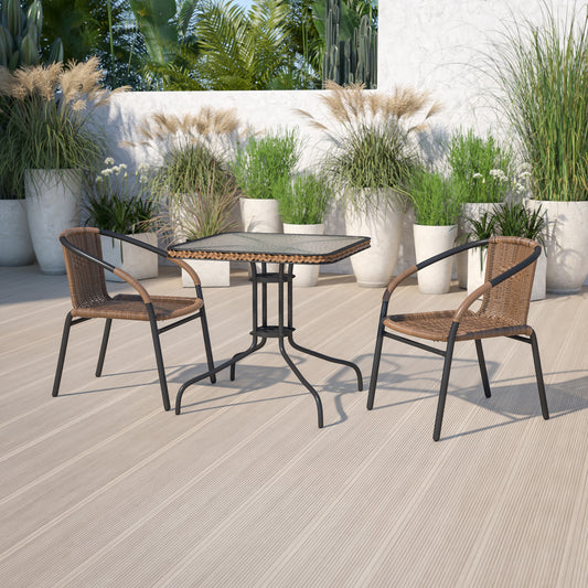 Lila 28'' Square Glass Metal Table with Dark Brown Rattan Edging and 2 Dark Brown Rattan Stack Chairs Dark Brown