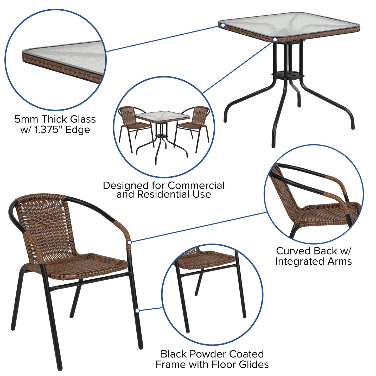 Lila 28'' Square Glass Metal Table with Dark Brown Rattan Edging and 2 Dark Brown Rattan Stack Chairs Dark Brown