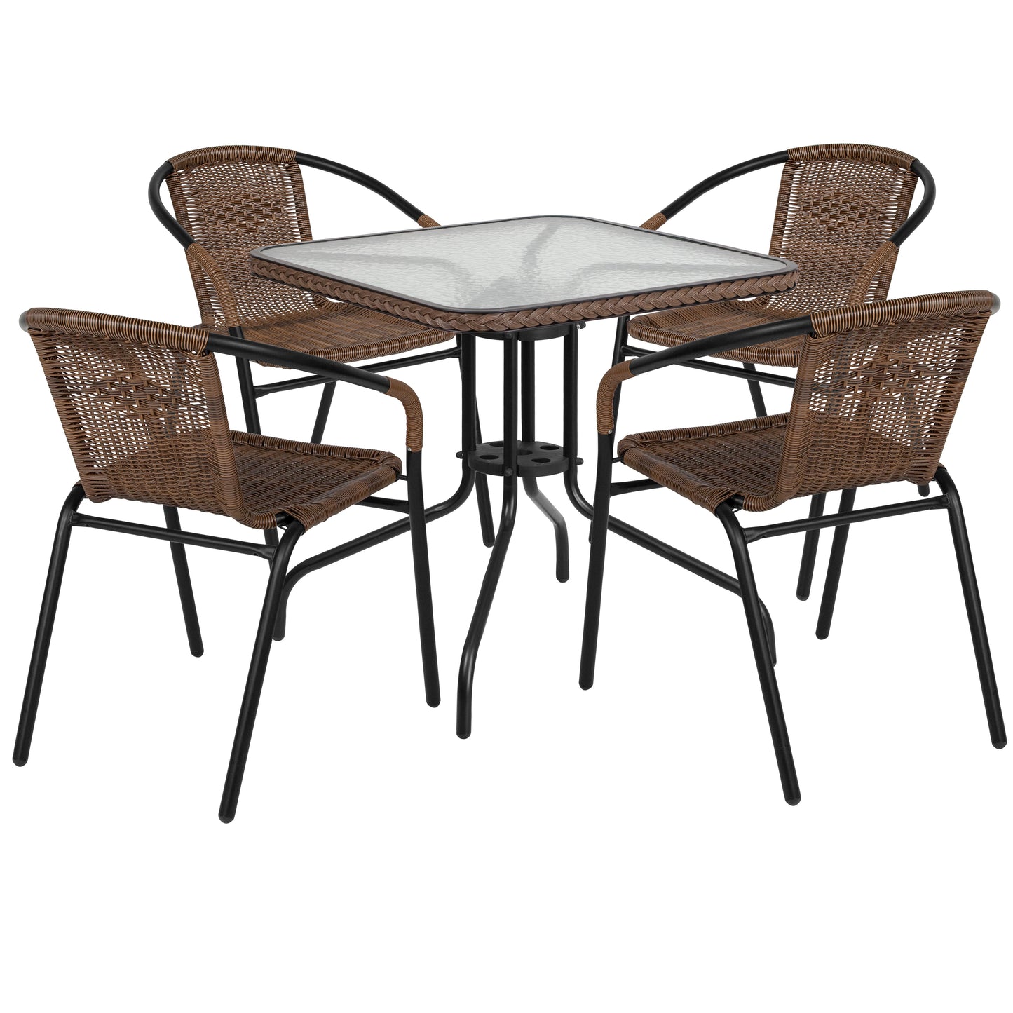 Lila 28'' Square Glass Metal Table with Dark Brown Rattan Edging and 4 Dark Brown Rattan Stack Chairs Dark Brown