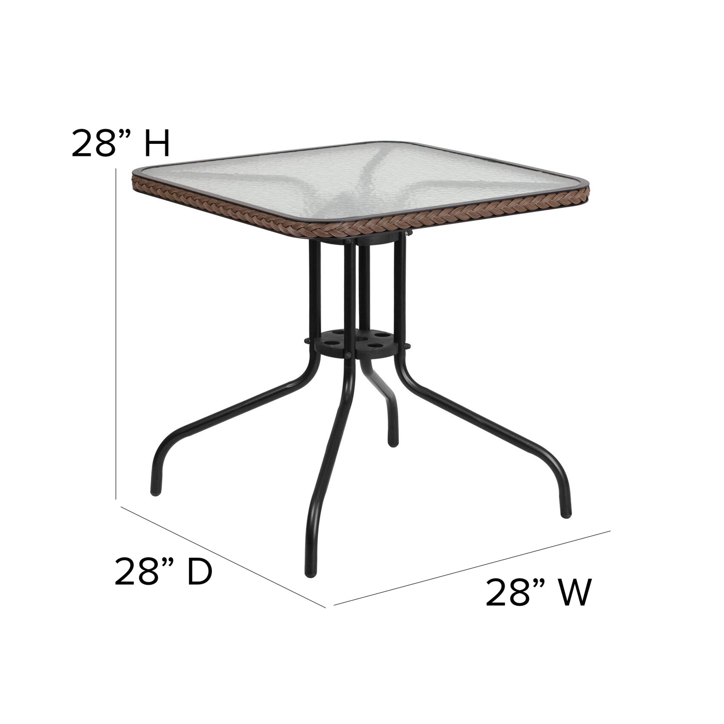 Lila 28'' Square Glass Metal Table with Dark Brown Rattan Edging and 4 Dark Brown Rattan Stack Chairs Dark Brown