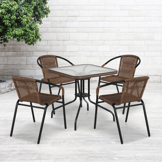 Lila 28'' Square Glass Metal Table with Dark Brown Rattan Edging and 4 Dark Brown Rattan Stack Chairs Dark Brown