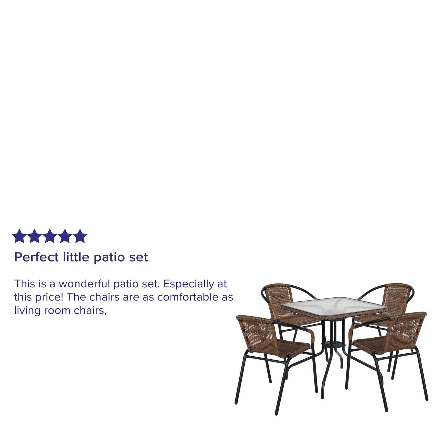 Lila 28'' Square Glass Metal Table with Dark Brown Rattan Edging and 4 Dark Brown Rattan Stack Chairs Dark Brown