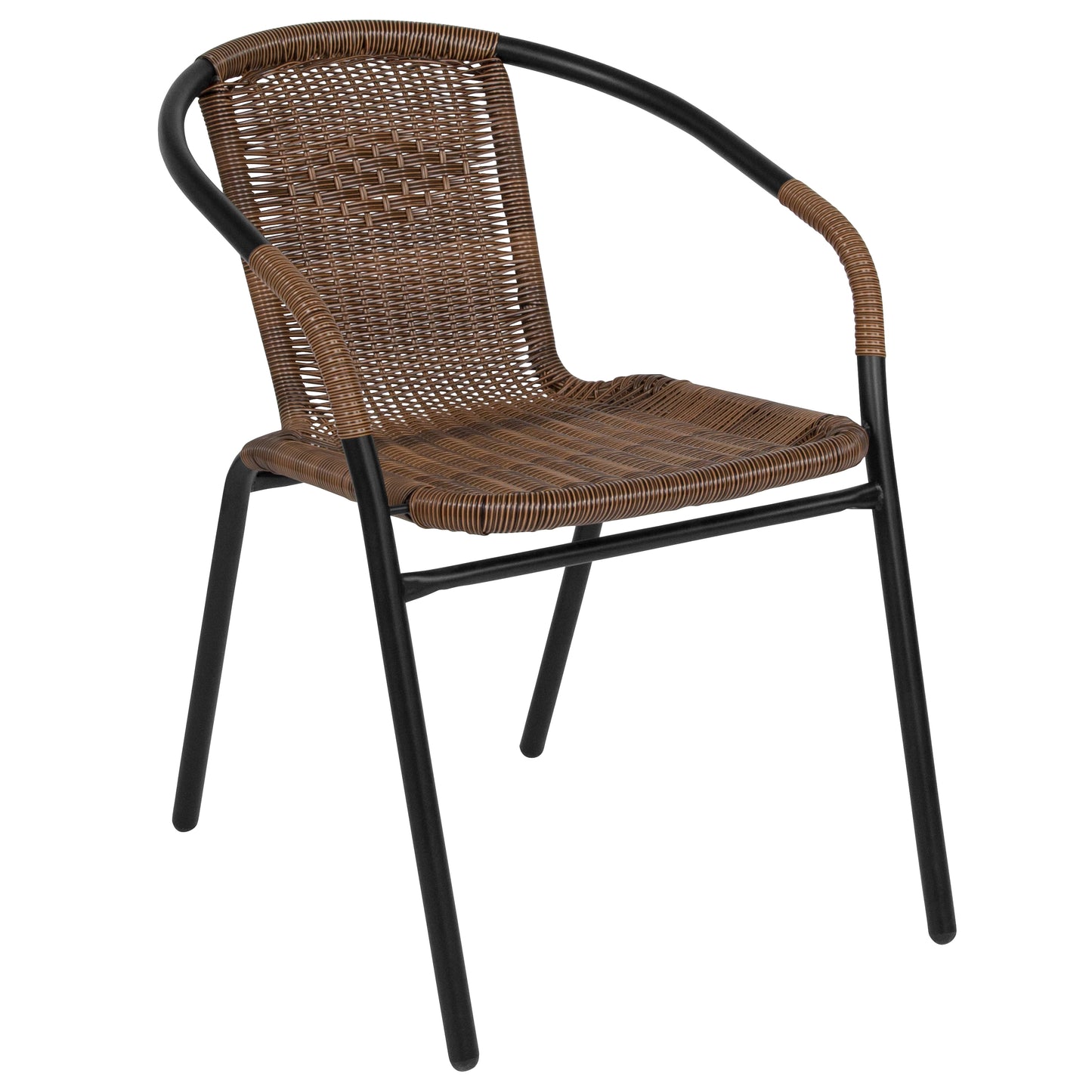 Lila 28'' Square Glass Metal Table with Dark Brown Rattan Edging and 4 Dark Brown Rattan Stack Chairs Dark Brown