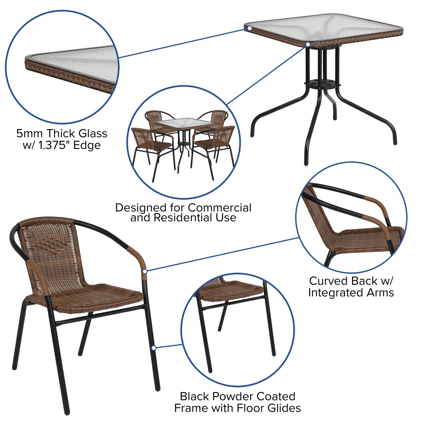 Lila 28'' Square Glass Metal Table with Dark Brown Rattan Edging and 4 Dark Brown Rattan Stack Chairs Dark Brown