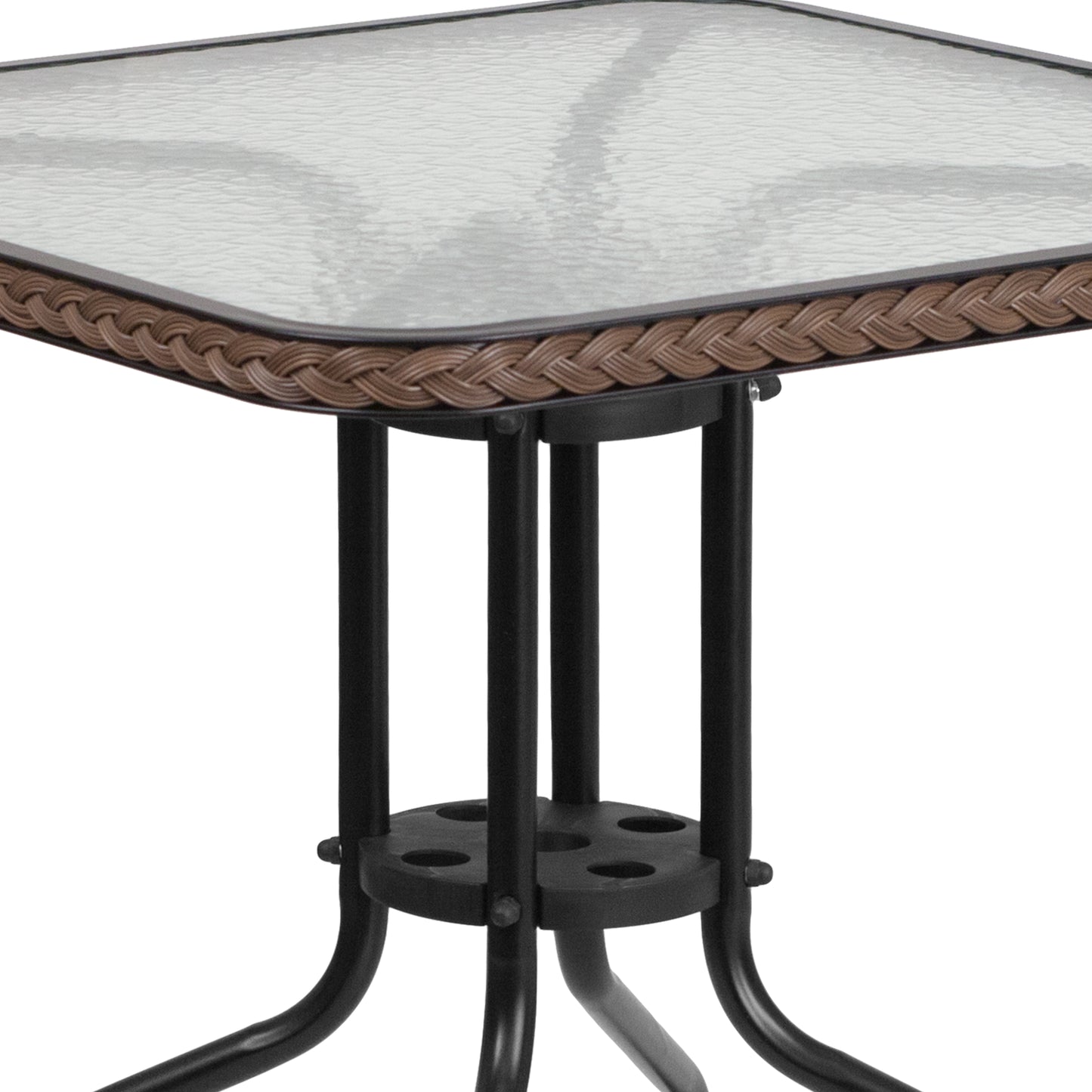 Lila 28'' Square Glass Metal Table with Dark Brown Rattan Edging and 4 Dark Brown Rattan Stack Chairs Dark Brown