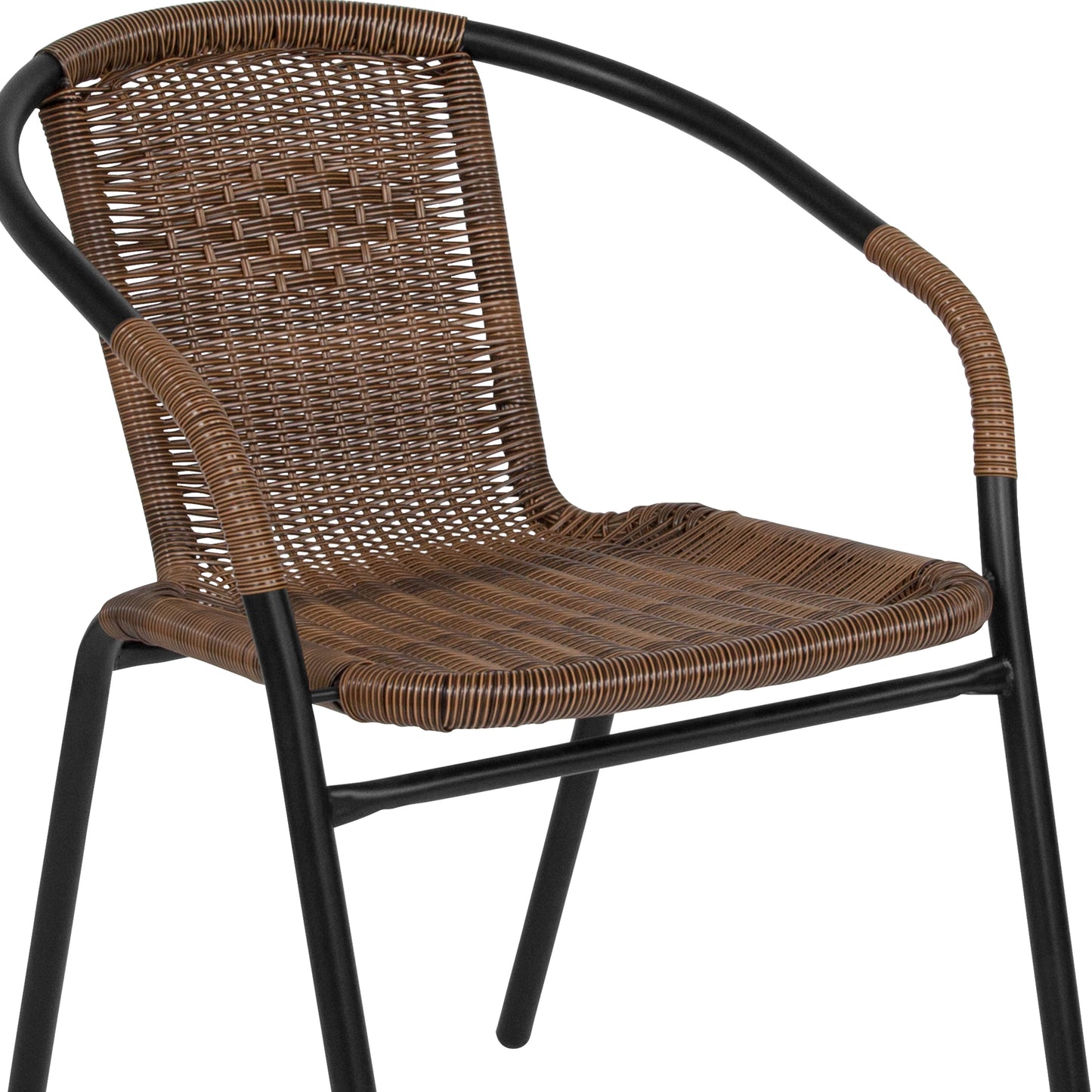 Lila 28'' Square Glass Metal Table with Dark Brown Rattan Edging and 4 Dark Brown Rattan Stack Chairs Dark Brown