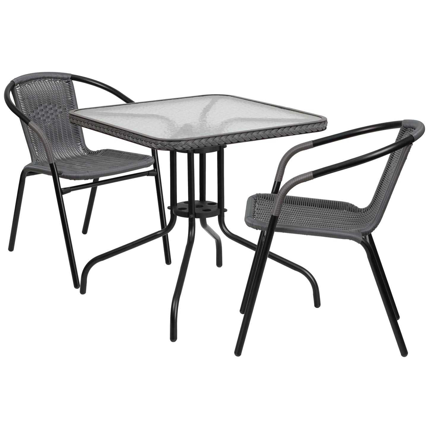 Lila 28'' Square Glass Metal Table with Gray Rattan Edging and 2 Gray Rattan Stack Chairs Gray