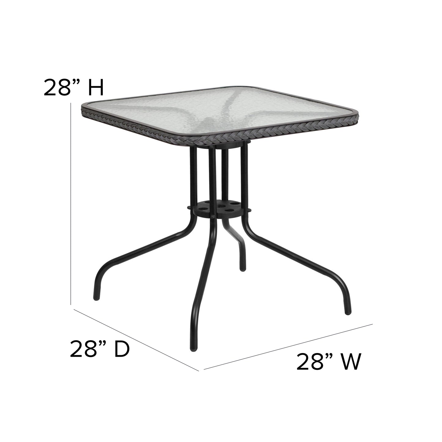 Lila 28'' Square Glass Metal Table with Gray Rattan Edging and 2 Gray Rattan Stack Chairs Gray
