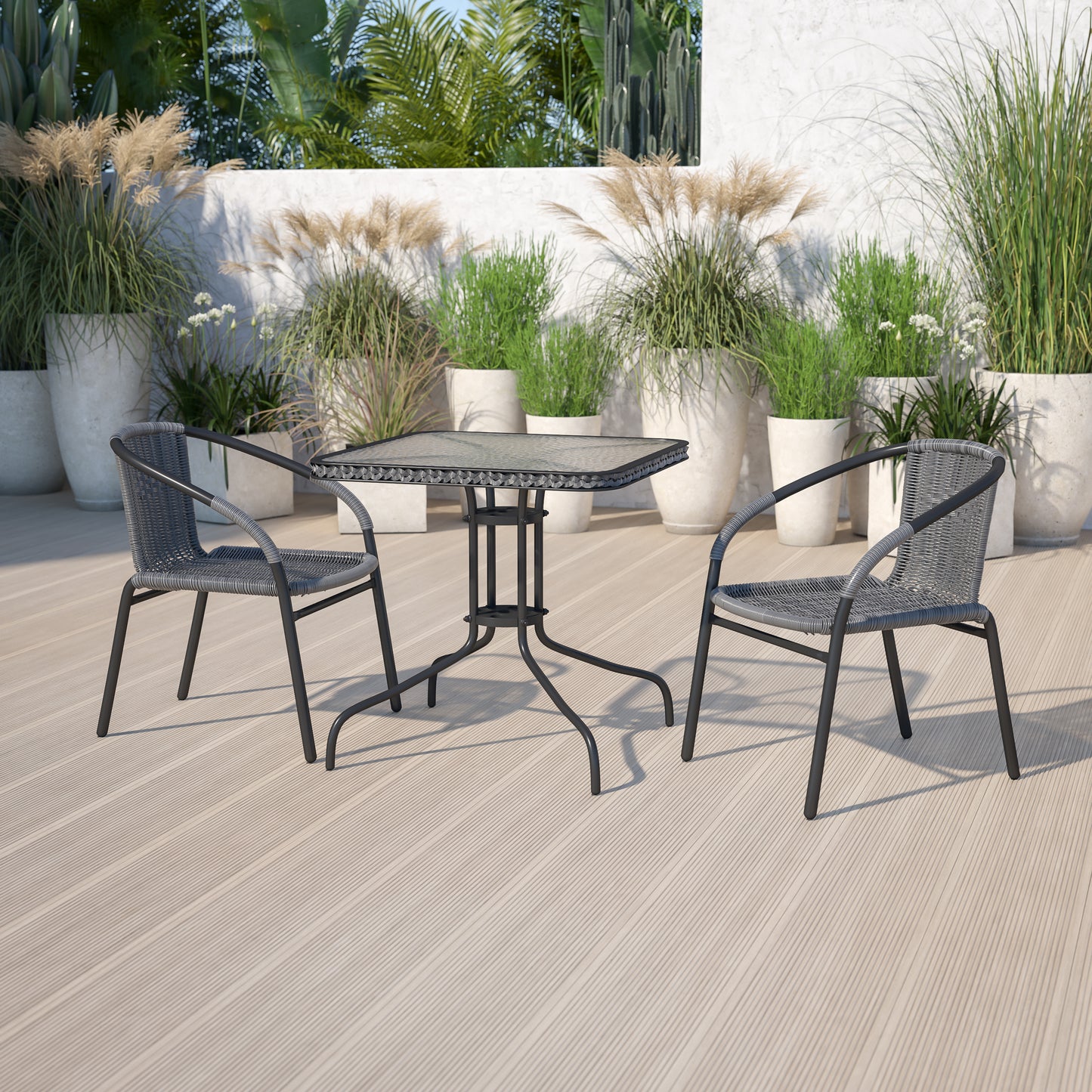 Lila 28'' Square Glass Metal Table with Gray Rattan Edging and 2 Gray Rattan Stack Chairs Gray
