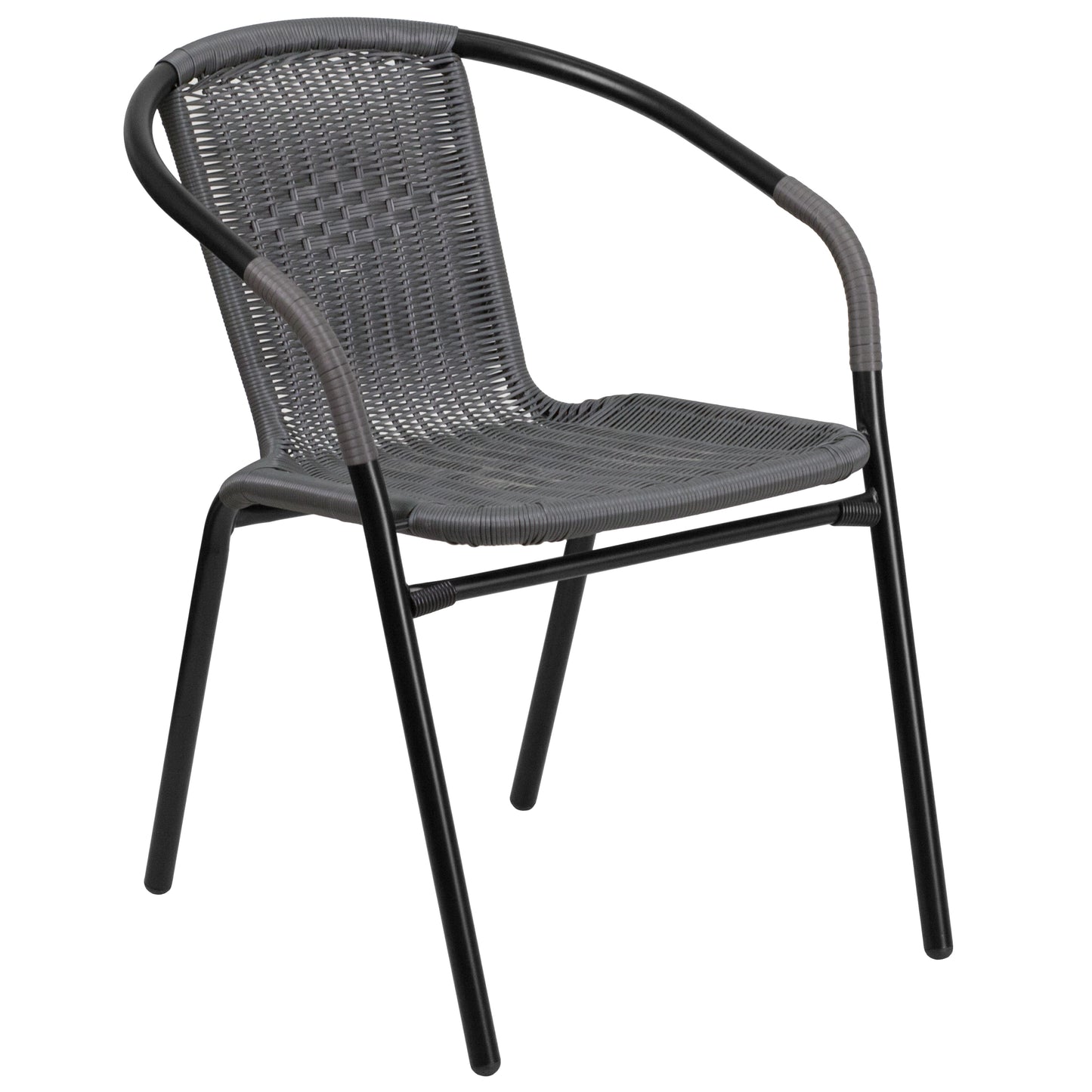 Lila 28'' Square Glass Metal Table with Gray Rattan Edging and 2 Gray Rattan Stack Chairs Gray