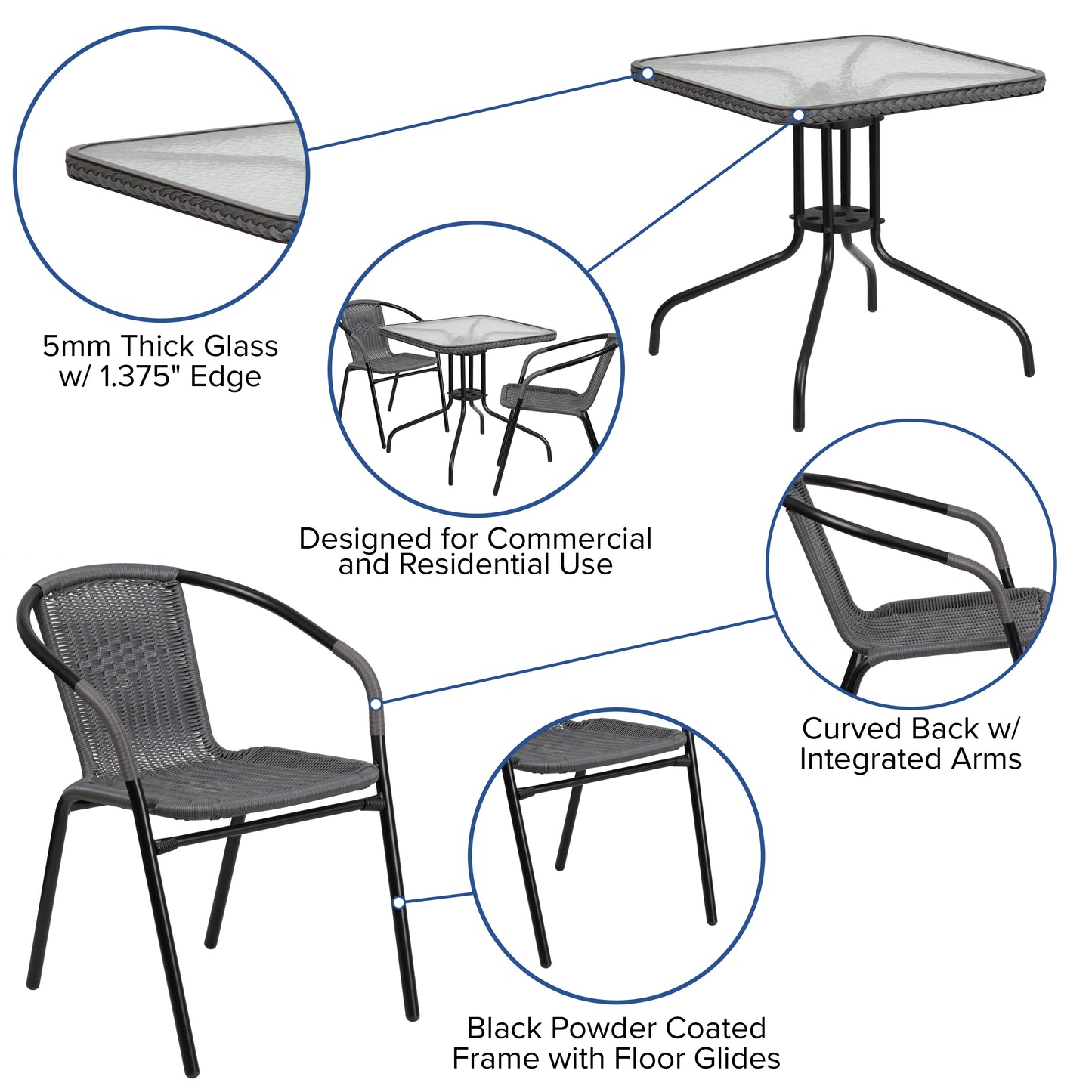 Lila 28'' Square Glass Metal Table with Gray Rattan Edging and 2 Gray Rattan Stack Chairs Gray