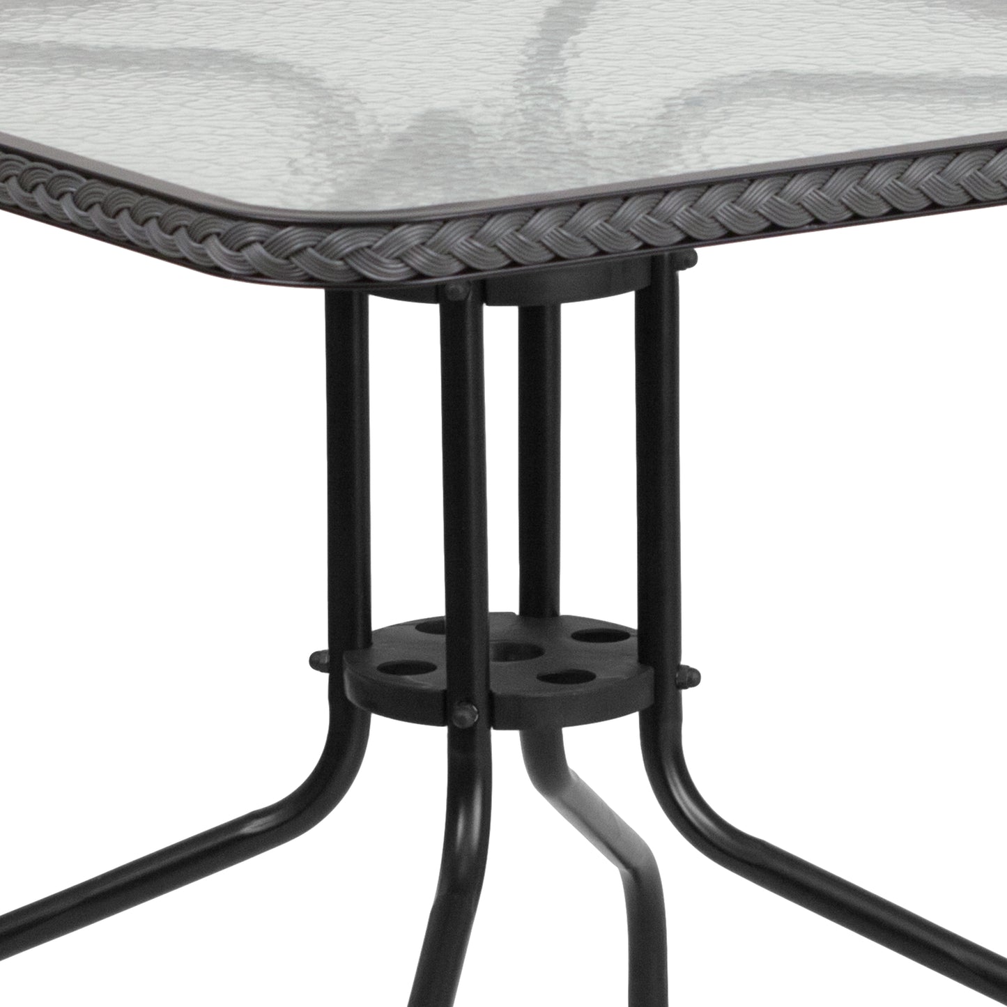 Lila 28'' Square Glass Metal Table with Gray Rattan Edging and 2 Gray Rattan Stack Chairs Gray