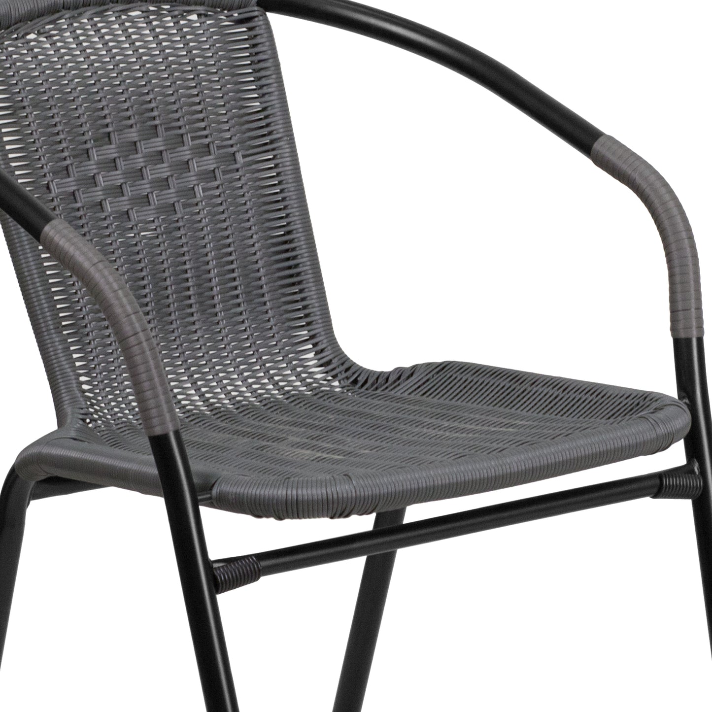 Lila 28'' Square Glass Metal Table with Gray Rattan Edging and 2 Gray Rattan Stack Chairs Gray