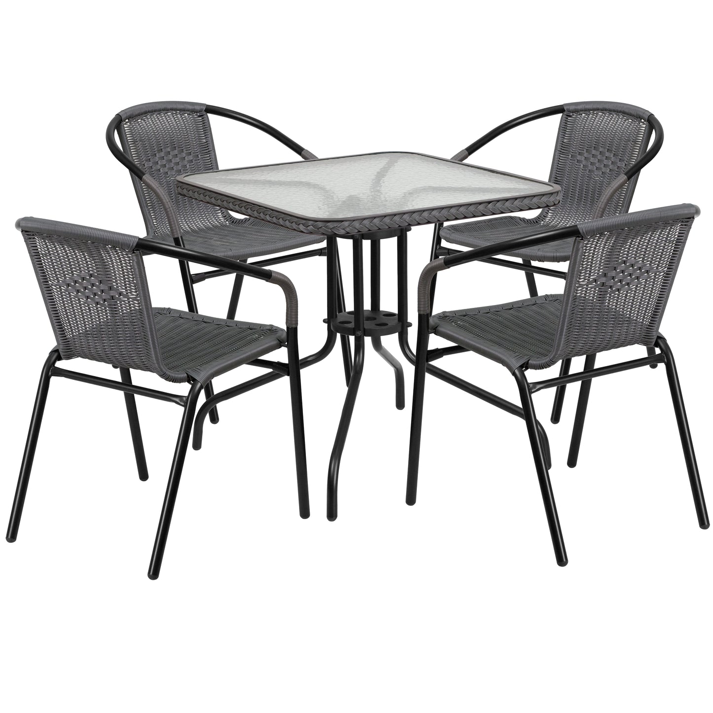 Lila 28'' Square Glass Metal Table with Gray Rattan Edging and 4 Gray Rattan Stack Chairs Gray