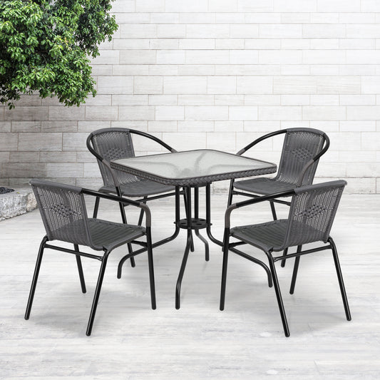 Lila 28'' Square Glass Metal Table with Gray Rattan Edging and 4 Gray Rattan Stack Chairs Gray