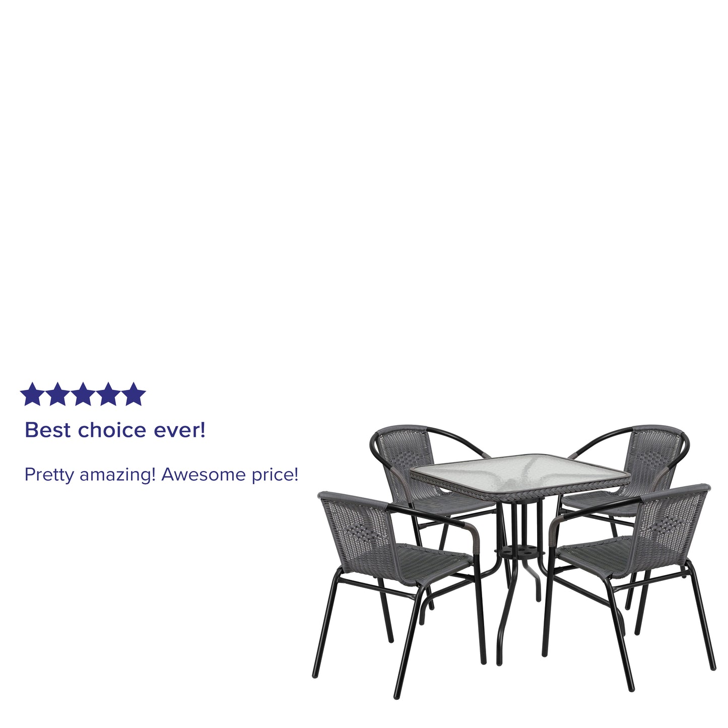 Lila 28'' Square Glass Metal Table with Gray Rattan Edging and 4 Gray Rattan Stack Chairs Gray