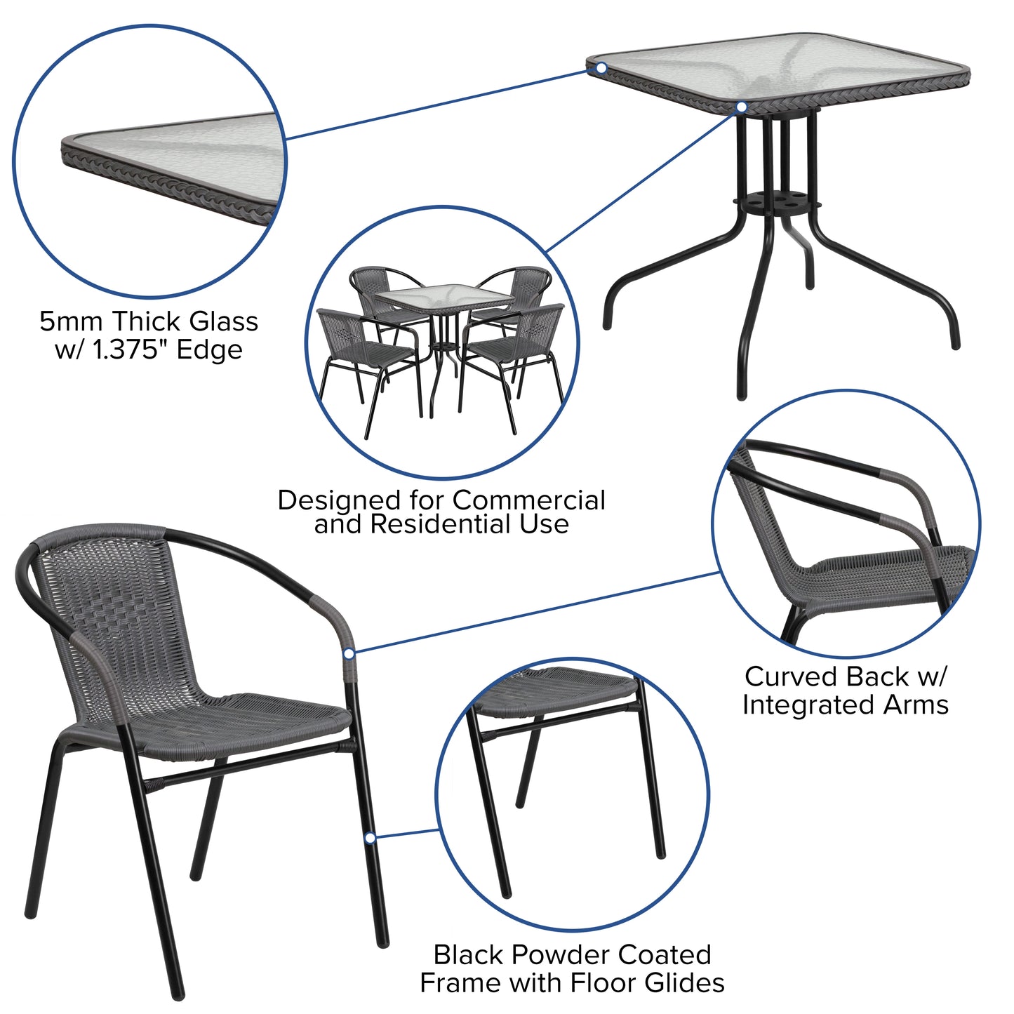 Lila 28'' Square Glass Metal Table with Gray Rattan Edging and 4 Gray Rattan Stack Chairs Gray