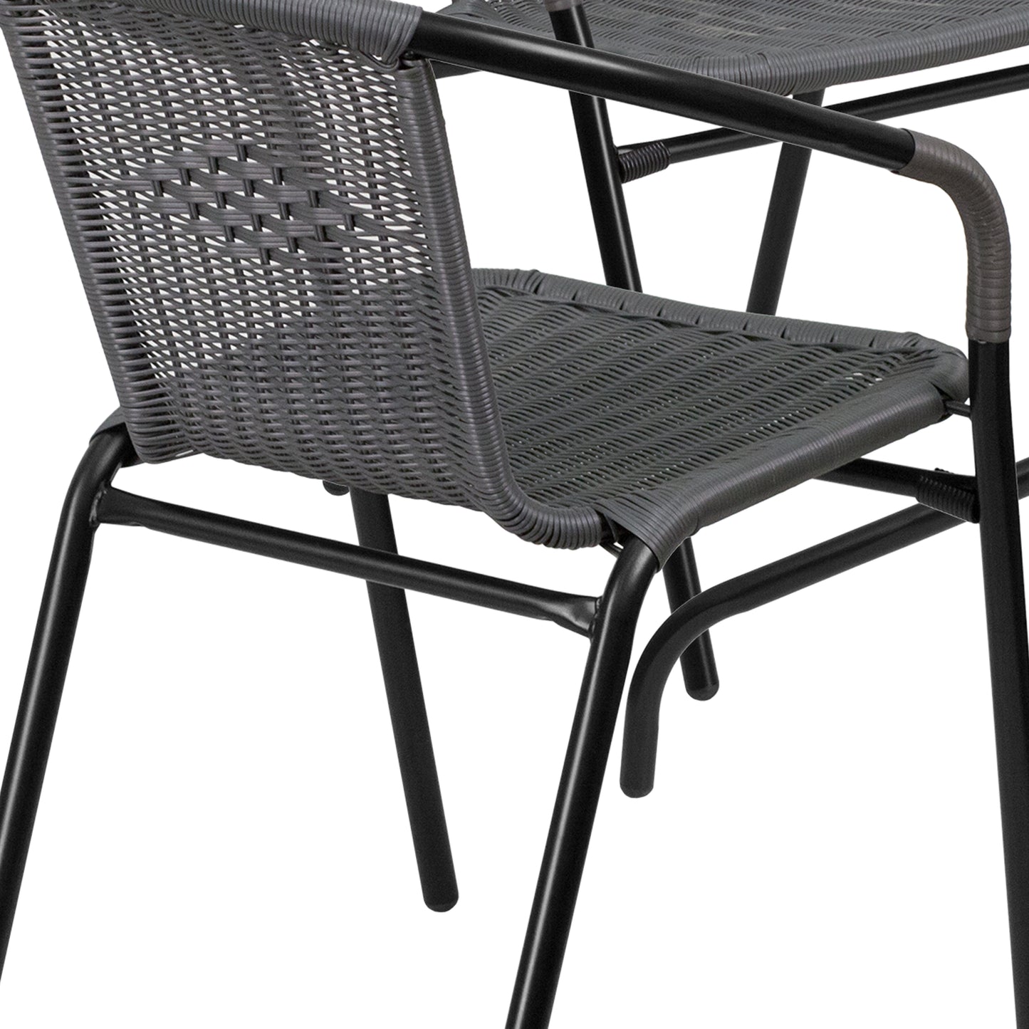 Lila 28'' Square Glass Metal Table with Gray Rattan Edging and 4 Gray Rattan Stack Chairs Gray