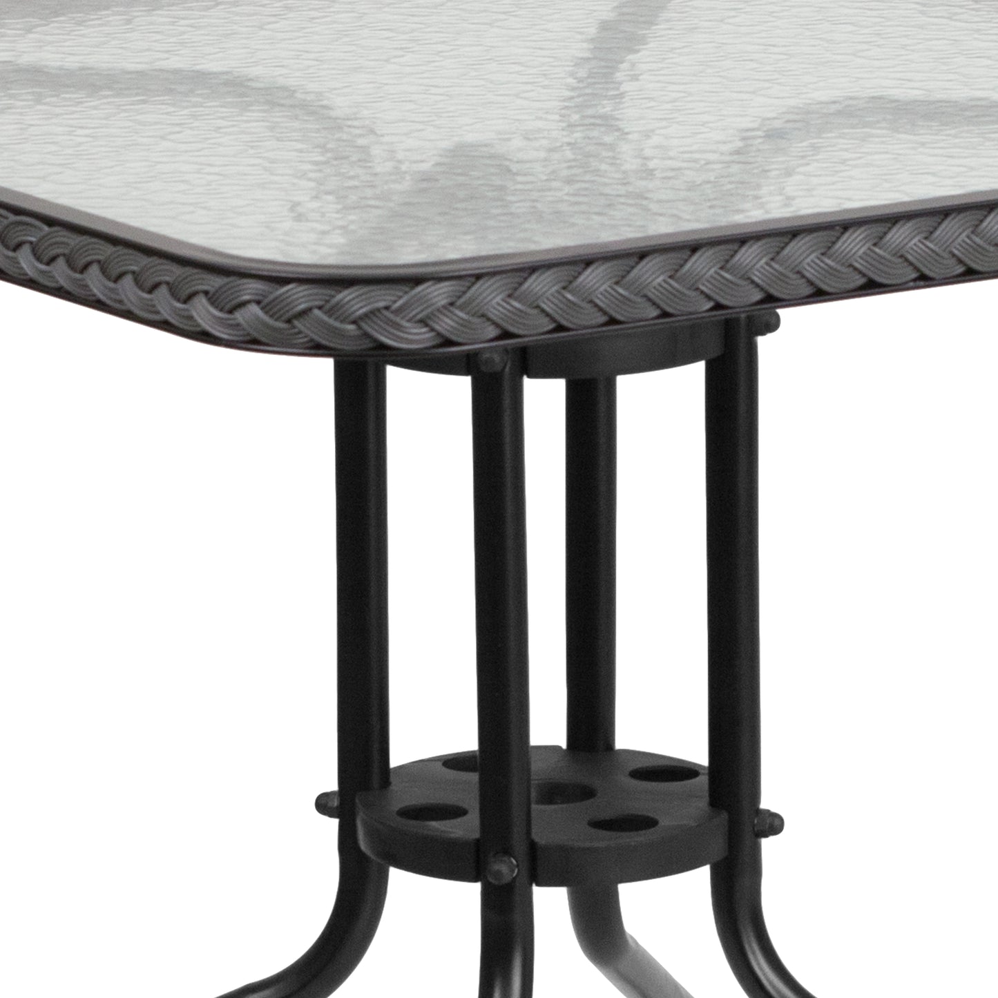 Lila 28'' Square Glass Metal Table with Gray Rattan Edging and 4 Gray Rattan Stack Chairs Gray