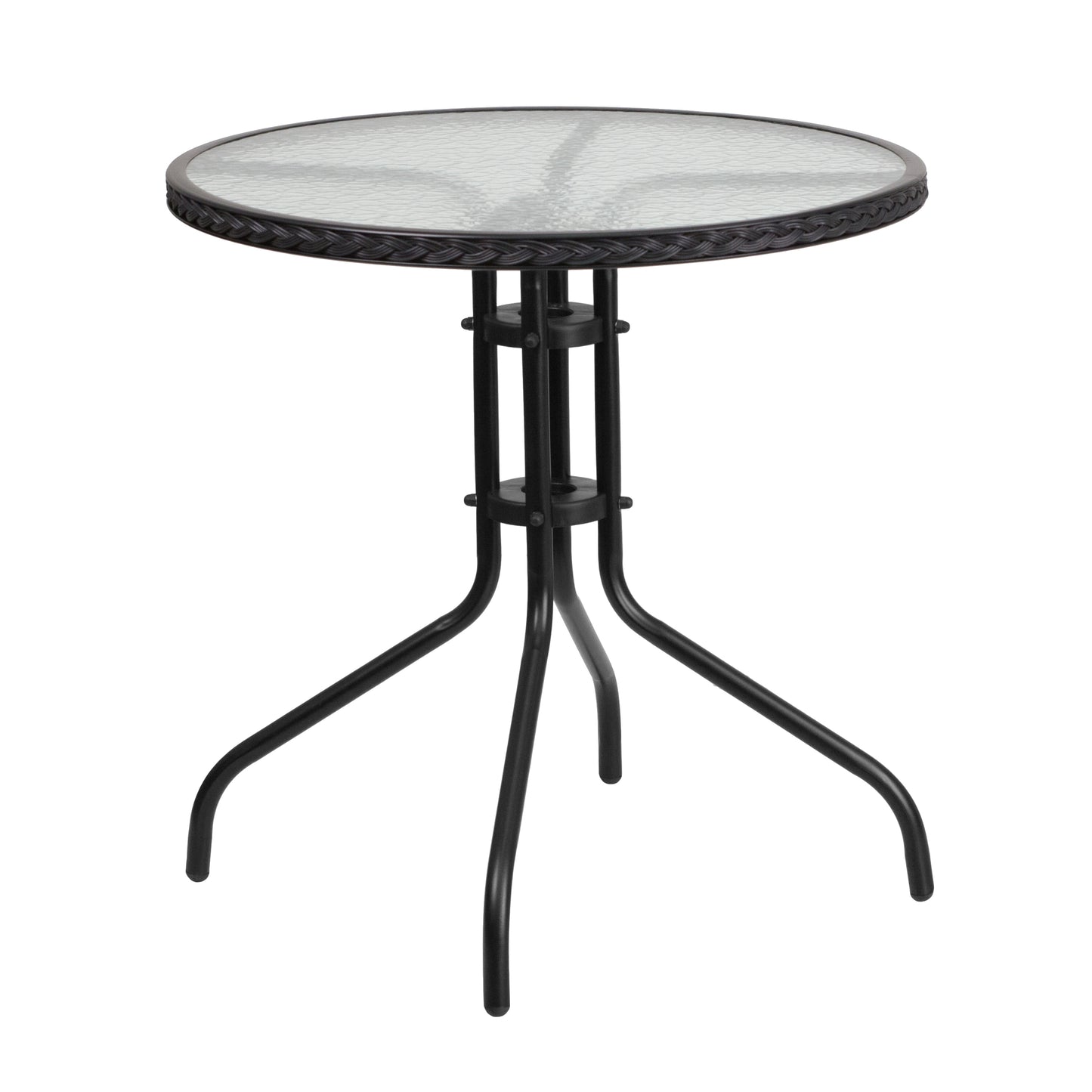 Barker 28'' Round Tempered Glass Metal Table with Black Rattan Edging Clear Top/Black Frame TLH-087-BK-GG
