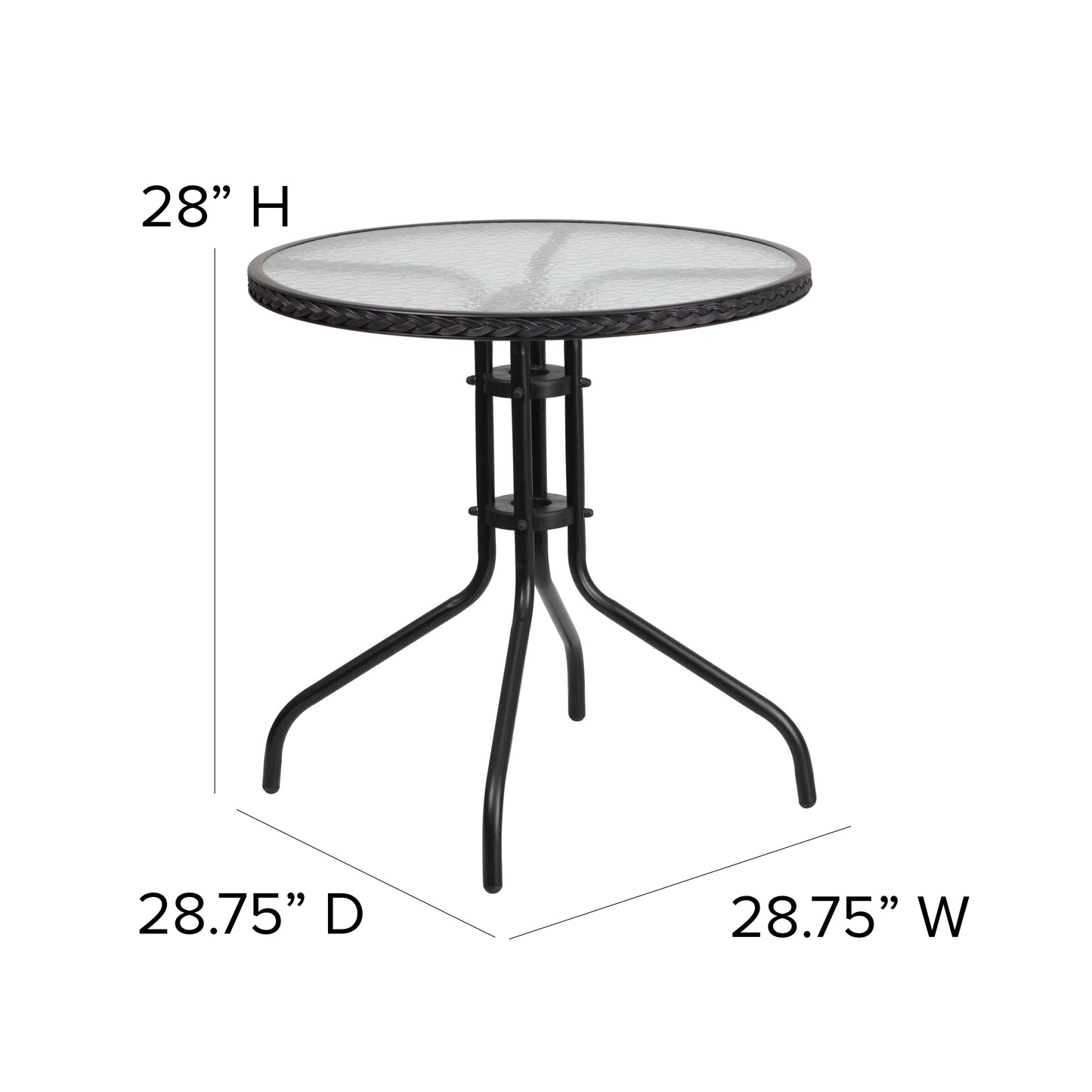 Barker 28'' Round Tempered Glass Metal Table with Black Rattan Edging Clear Top/Black Frame TLH-087-BK-GG