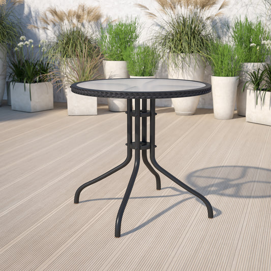 Barker 28'' Round Tempered Glass Metal Table with Black Rattan Edging Clear Top/Black Frame