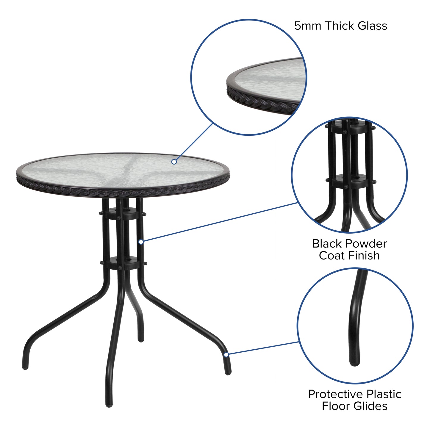 Barker 28'' Round Tempered Glass Metal Table with Black Rattan Edging Clear Top/Black Frame TLH-087-BK-GG