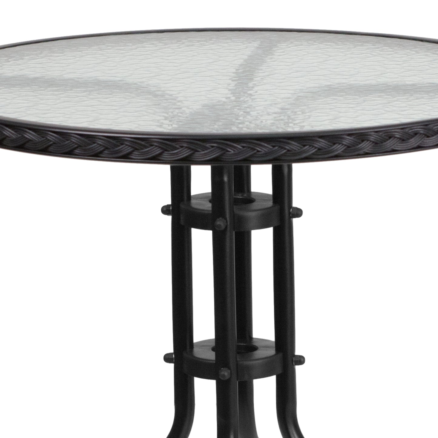 Barker 28'' Round Tempered Glass Metal Table with Black Rattan Edging Clear Top/Black Frame TLH-087-BK-GG