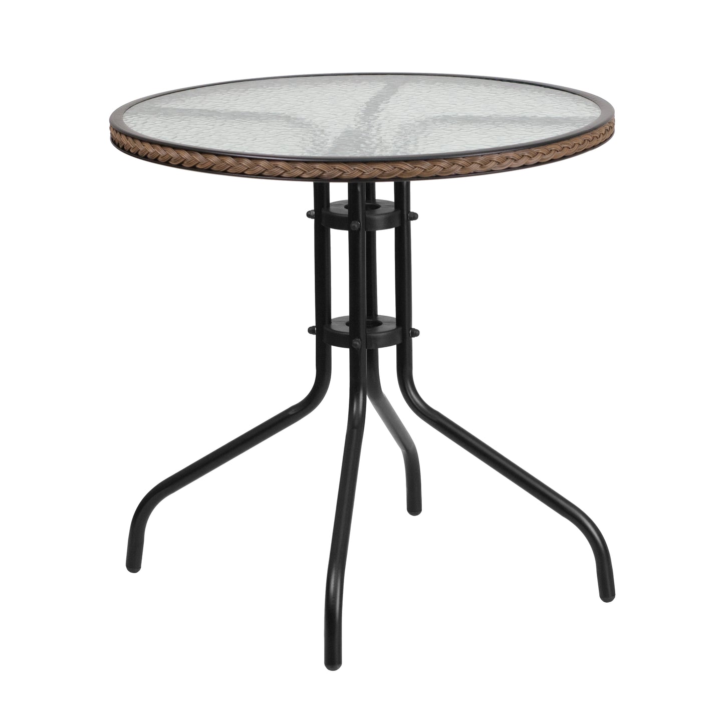 Barker 28'' Round Tempered Glass Metal Table with Dark Brown Rattan Edging Clear Top/Dark Brown Frame